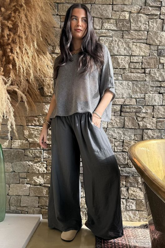 Basso Shirring Wide Leg Pant Charcoal
